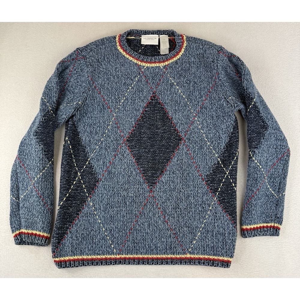 VTG Liz Claiborne‎ Chunky Knit Argyle Pattern Sweater Women's Medium Blue